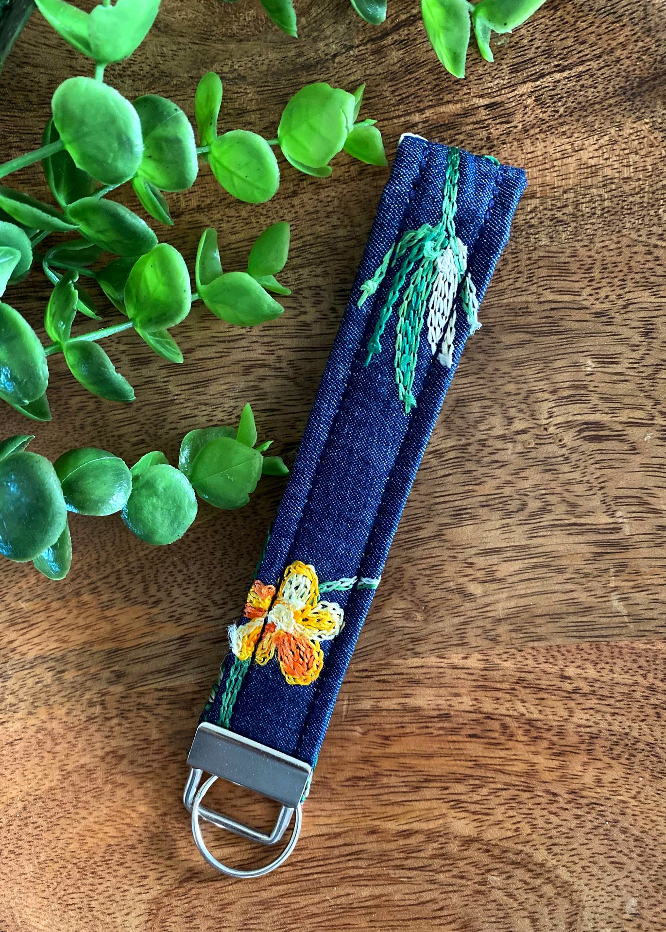 Denim Floral Wristlet